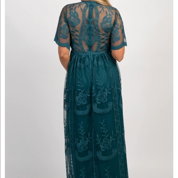 Dark Turquoise Lace Mesh Overlay Maternity Maxi Dress - Picture 3 of 5